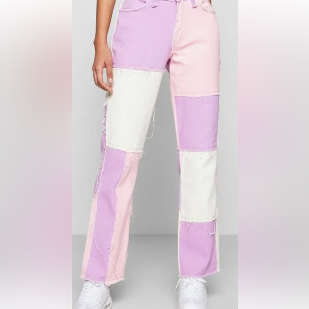 Jaded London Patchwork Straight Leg Jeans in Pastel Pink, Lavender & White